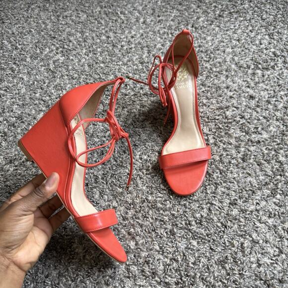 Vince Camuto Stassia Lace Up Wedge Sandals Heel 8 M Coral Orange Spring Summer - Picture 3 of 7